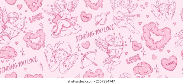 Valentine Day seamless pattern, vector watercolor cupid cute pink background, baby angel, cloud. Cherub endless romantic texture, love wedding whimsical decoration print. Doodle Valentine pattern, bow