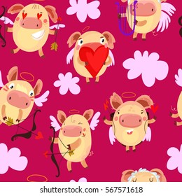 Valentine day seamless romantic pattern background with cupids hearts and arrows vector illustration