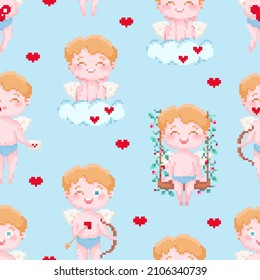 Valentinstag nahtlose quadratische Musterkachel. Bestens für Stoff- oder Papierdekoration. Viereckiges Vektormuster mit kuppelnem Engel auf Wolken und um Herzen. Sexy 8-Bit-Stil Pixel-Kunsthintergrund.
