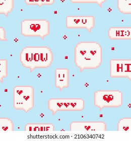 Valentine day seamless square pattern tile. Best for fabric or paper decorative design. Square vector pattern with romantic chat bubbles, text messages with hearts. 8 bit style pixel art background.