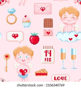 Valentinstag nahtlose quadratische Musterkachel. Bestens für Stoff- oder Papierdekoration. Viereckiges Vektormuster mit Kuchengelengel, Schokolade, Schlüssel, Kuchen. Sexy 8-Bit-Stil Pixel-Kunsthintergrund.