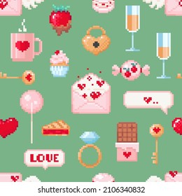 Valentine day seamless square pattern tile. Best for fabric or paper decorative design. Square vector pattern with romantic letters, candy, lollipops and hearts. 8 bit style pixel art background.