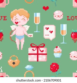 Valentinstag nahtlose quadratische Musterkachel. Bestens für Stoff- oder Papierdekoration. Viereckiges Vektormuster mit romantischem Kuchenjunge, Geschenken, Schokolade und Beeren. 8-Bit-Stil Pixel-Kunsthintergrund.