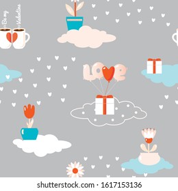 Valentine Day seamless vector pattern with cute balloons lifting the gift box, cups, hearts, flowers, clouds and Be my Valentine text. Wrapped paper, packing, textile design with endless ornament.