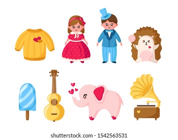 Valentine Day set, cartoon kawaii girl and boy in retro clothes, cute animals - hedgehog elephant, romantic stuff - sweater, ice cream, guitar, gramophone - isolated vector on white 