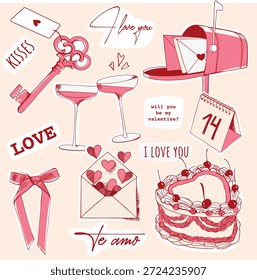Conjunto de día de San Valentín: buzón lindo, corazón, espumoso, correo. 14 de febrero. Perfecto para scrapbooking, tarjeta de felicitación, invitación de fiesta, cartel, etiqueta, kit de pegatinas. Ilustración vectorial dibujada a mano, doodle.