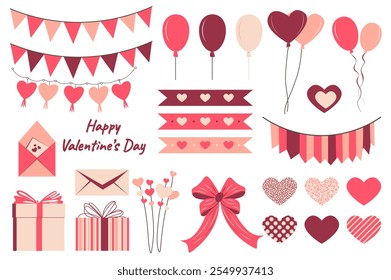 Valentine day set elements in flat graphic design. Collection of red and pink flag garlands, ribbons, balloons, love letter envelopes, bows, gift boxes, romantic prints, other. Vector illustration.