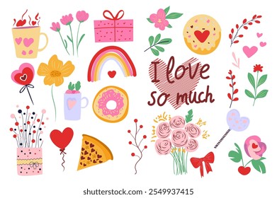 Elementos de San Valentín en Diseño gráfico plano. Colección de taza linda, corazón, flores, caja de regalo, flores, donut, ramitas, globos, arco iris, ramo, pizza, piruleta, otros. Ilustración vectorial.