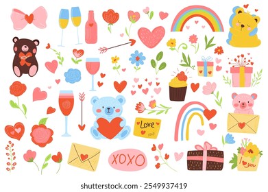 Elementos de San Valentín en Diseño gráfico plano. Colección de arco lindo, champán, flores, corazones, arco iris, pareja, ositos de peluche, flechas, regalos, cupcake, cartas de amor, otros. Ilustración vectorial.