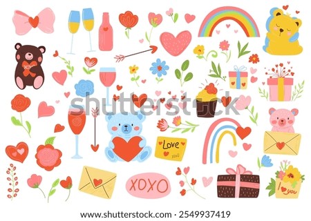 Valentine day set elements in flat graphic design. Collection of cute bow, champagne, flowers, hearts, rainbow, couple, teddy bears, arrows, gifts, cupcake, love letters, other. Vector illustration.