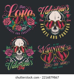 Valentine day set flyers colorful vintage glasses in shape hearts for feast patron saint love and romance vector illustration