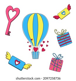 Valentine day set. A gift box with a bow, a key to the heart, a striped hot air balloon surrounded by hearts, winged messages with a heart on the envelope. Festive clip-arts isolated