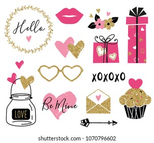 Valentine day set. Gold, black, pink colors. Hand drawn hearts, gift boxes, cupcake, flowers, glasses, envelope with gold glitter texture. Design for wedding and Valentine cards.