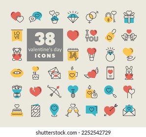 Iconos de San Valentín. Ilustración vectorial, elementos románticos. Pegatina, insignia. Tarjeta de matrimonio y boda