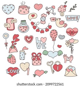Valentine day set. Love holiday. Bundle of Valentines Day isolated objects in doodle style.
