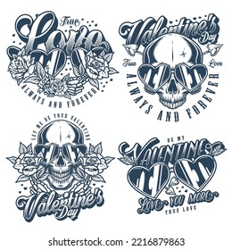 Valentine day set monochrome flyers vintage with faces dead and roses for congratulations on holiday love and romance vector illustration