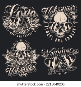 Valentine day set monochrome posters vintage with skulls in heart-shaped sunglasses with flowers for romantic gift for loved vector illustration