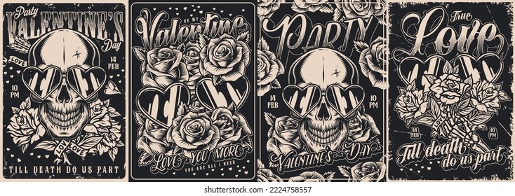 Valentine day set monochrome posters vintage skulls with romantic sunglasses and flowers for February 14th party gift vector illustration