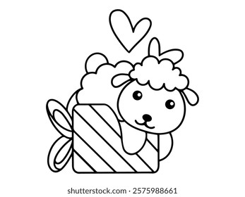 Valentine Day Sheep Holding Gift Line Art