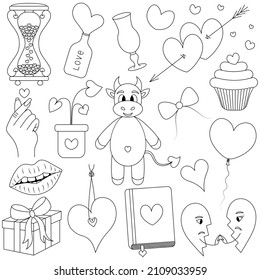 Valentine day. Sketch. Set of vector illustrations. Doodle style. Love collection. Coloring book. Goby, hourglass, love, Korean heart, arrow. A group of cute images. Outline on isolated background. 