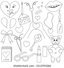 Valentine day. Sketch. Set of vector illustrations. Doodle style. Love collection. Coloring book. Broken heart, hug, love, pink glasses, bear. A group of cute images. Outline on isolated background. 