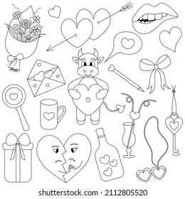 Valentine day. Sketch. Set of vector illustrations. Doodle style. Love collection. Coloring book for children. Biting the lip, a bouquet of flowers, an envelope, a key, love. A group of cute images. 