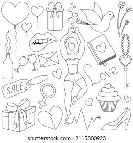 Valentine day. Sketch. Set of vector illustrations. Doodle style. Love collection. Coloring book for children. Woman, gesture, gift box, arrow, heart, clink of glasses. A group of cute images. 