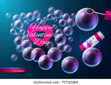 Valentine day soap transparent bubbles Vector. Realistic heart shape card illustrations