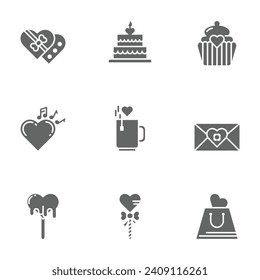 Icono sólido de San Valentín diseño símbolo vector conjunto incluyendo amor al chocolate, torta, torta, música romántica, café, carta de amor, helado, chupete, compras