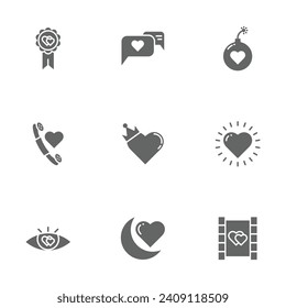 Icono sólido Día de San Valentín diseño conjunto de símbolos vectoriales que incluyen insignia, charla romántica, bomba, llamada romántica, rey amor, amor ligero, ojo amoroso, amor mensual, cine romántico