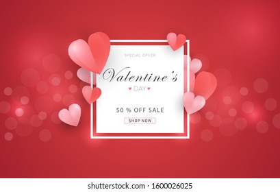 Valentine Day Special Offer Sale Illustration in red background with light effect, white border, origami hearts. Can be used for wallpaper, background, flyer, poster, brochure, banner, invitation card