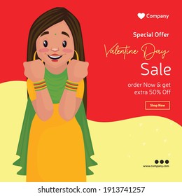 Valentine day special offer sale banner design. Girl is showing his bangles. Vector graphic illustration.