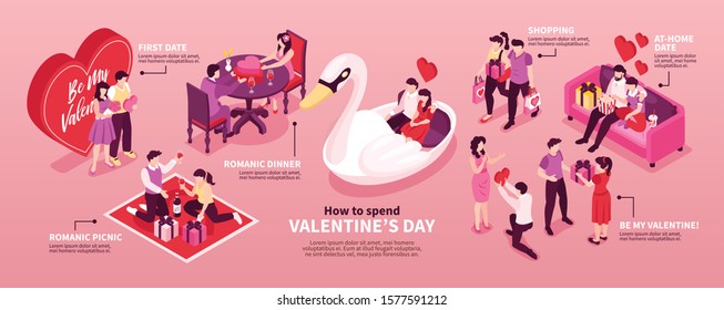 Valentine day spending tips romantic picnic restaurant dinner presents dating horizontal infographic composition pink background vector illustration 