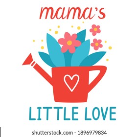 Valentine day sticker Mama little love with watering can and flowers. Love vector illustration for mobile messages, social media, online communication, shirt.