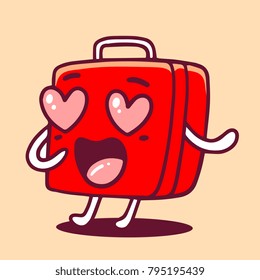 Valentine day sticker. Vector romantic illustration of red color character in love suitcase with eyes in the shape of a heart. Doodle style. Flat line art style design of lovely character