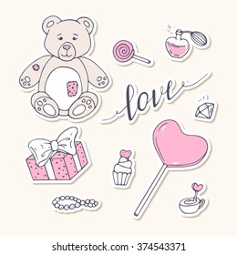 Valentine day stickers collection with teddy bear, sweets, diamond, gift and LOVE hand drawn sign. Vector illustration