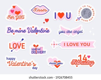 Valentine day stickers and elements. Love concept. Illustrations for social network, web design, mobile messages, social media, online communication, cards and printed material.