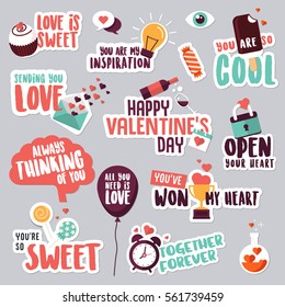 Valentine day stickers and elements. Love vector illustrations for social network, web design, mobile messages, social media, online communication, cards and printed material. 