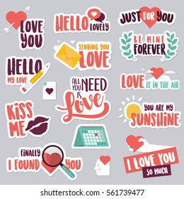 Valentine day stickers and elements. Love vector illustrations for social network, web design, mobile messages, social media, online communication, cards and printed material. 