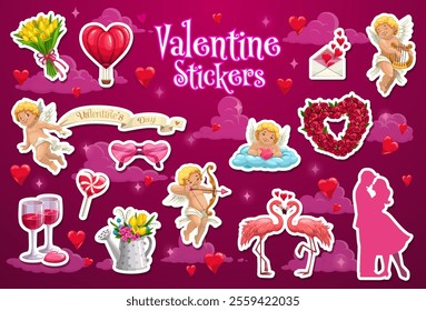 Valentine Day stickers featuring cupids, hearts, flowers and romantic symbols. Cartoon vector set of patches for celebrating love and affection in scrapbooking, greeting cards and festive decorations