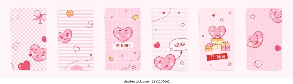 Valentine day stories banners cute template set. 14 February design for stories and promo posts. Design with cute hearts, gift presents and minimal patterns in white and pink colors set.