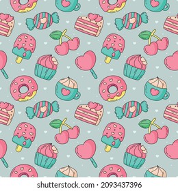 Valentine day sweet candy cakes seamless pattern on blue background. vector Illustration.