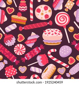 Valentine day sweet seamless pattern with different cupcakes. Sweet pastries decorated with hearts, cherry and star.