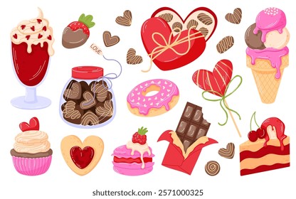 Valentine day sweets and desserts set with chocolate, candies, cupcakes, ice cream and heart shaped treats in cartoon style. Perfect for holiday design, packaging, and romantic card.