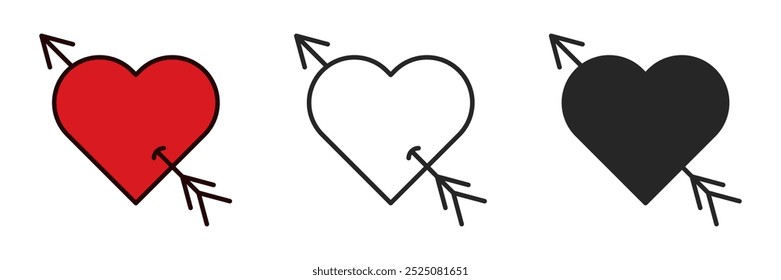 Valentine day symbol with heart pierced by arrow isolated illustration set. Vector icons in flat style