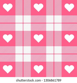 Valentine day tartan plaid. Hearts on scottish cage. Scottish pattern in pink and white cage.  Scottish checkered background. Seamless fabric texture. Vector illustration