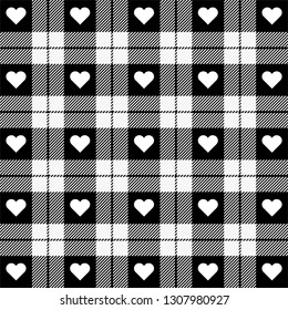 Valentine day tartan plaid. Hearts on scottish cage. Scottish pattern in black and white cage.  Scottish checkered background. Seamless fabric texture. Vector illustration