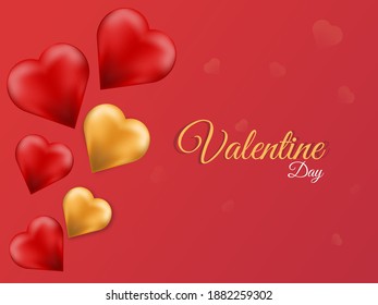 Valentine Day Text With Glossy Hearts On Red Background. Can Be Used As Greeting Card.