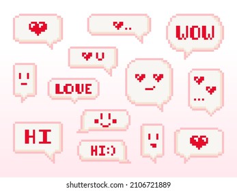 Valentine day text messages illustration set. Vector isolated elements. 14 February icons speech bubbles, chats, conversation frames. Pixel art 8 bit design. Wow, i love u, heart.