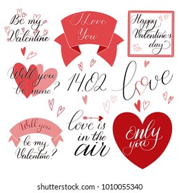 Valentine Day text set in red color, Calligraphic love lettering